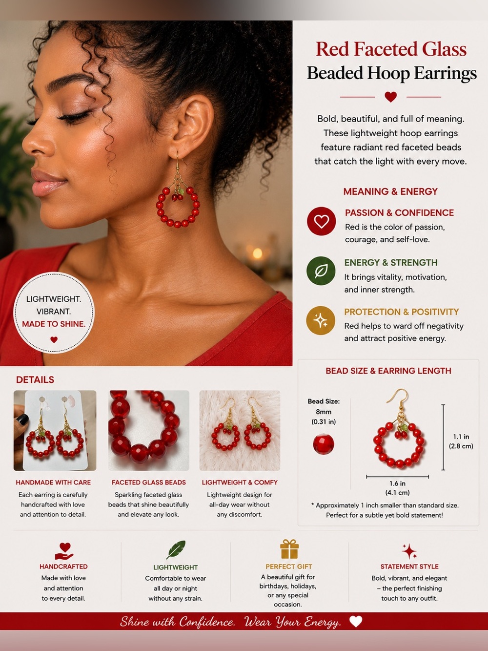 Red Faceted Glass Beaded Hoop Earrings | Lightweight Statement Hoops